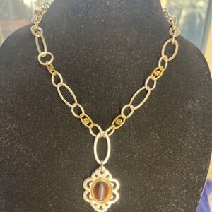 Beautiful Genuine Tiger Eye Brighton Necklace Silver Gold Tone 18"